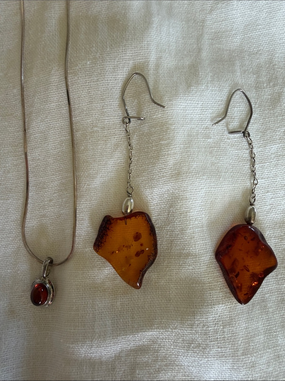 Sterling Silver Baltic Amber Pendant Necklace and Earrings Set - Brown Amber